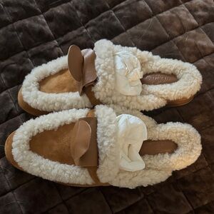 Hermes Shearling Slippers in Brown and Cream
